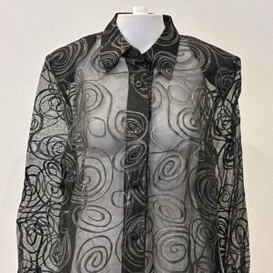 Vintage Diane Gilman 100% Silk Sheer Blouse Size M Black and Silver Swirl Dainty